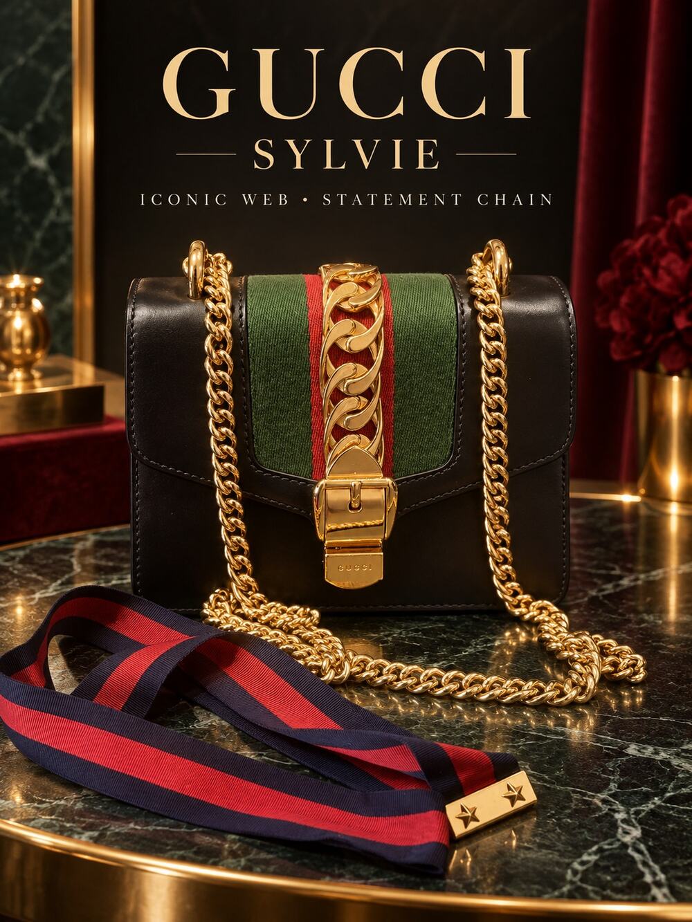 CW002 Gucci Mini Sylvie Chain Crossbody*Black Leather